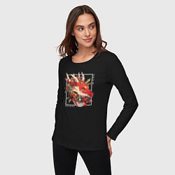 Лонгслив хлопковый женский Christmas red dragon, цвет: черный — фото 2