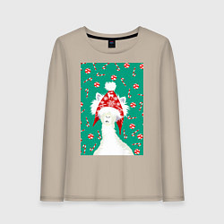 Лонгслив хлопковый женский Лама - альпака в ушанке, цвет: миндальный