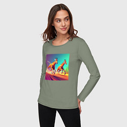 Лонгслив хлопковый женский Два бегущих жирафа в стиле кубизма, цвет: авокадо — фото 2