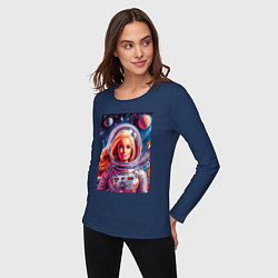 Лонгслив хлопковый женский Красавица Барби в космосе - нейросеть, цвет: тёмно-синий — фото 2