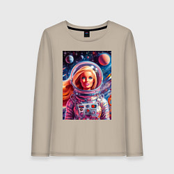 Лонгслив хлопковый женский Красавица Барби в космосе - нейросеть, цвет: миндальный