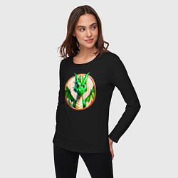 Лонгслив хлопковый женский Нейросеть - деревянный зелёный дракон, цвет: черный — фото 2