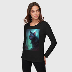 Лонгслив хлопковый женский Кот во тьме, цвет: черный — фото 2