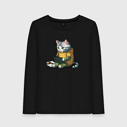 Лонгслив хлопковый женский Котик за учебой, цвет: черный