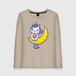 Лонгслив хлопковый женский Единорог на луне, цвет: миндальный