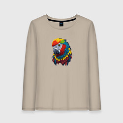 Лонгслив хлопковый женский Красочный попугай в ярких перьях, цвет: миндальный