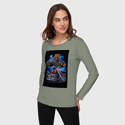 Лонгслив хлопковый женский Медведь байкер с мотоциклом, цвет: авокадо — фото 2