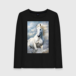 Лонгслив хлопковый женский Белая лошадь на фоне неба, цвет: черный