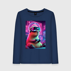 Лонгслив хлопковый женский Каппи в виртуальном шлеме, цвет: тёмно-синий