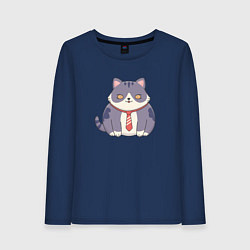 Лонгслив хлопковый женский Важный кот с галстуком, цвет: тёмно-синий