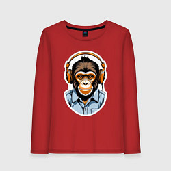 Лонгслив хлопковый женский Портрет обезьяны в наушниках, цвет: красный