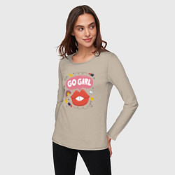 Лонгслив хлопковый женский Go girl lips, цвет: миндальный — фото 2