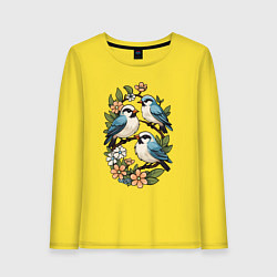 Лонгслив хлопковый женский Три птицы на ветках в цветах, цвет: желтый