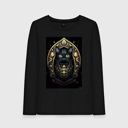 Лонгслив хлопковый женский Черная кошка с золотыми элементами, цвет: черный