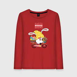 Лонгслив хлопковый женский Пасхальный гном на велосипеде, цвет: красный