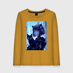 Лонгслив хлопковый женский Девчонка кошка с котёнком - нейросеть, цвет: горчичный