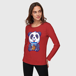 Лонгслив хлопковый женский Drinking panda, цвет: красный — фото 2
