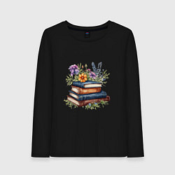 Лонгслив хлопковый женский Стопка книг с полевыми цветами, цвет: черный