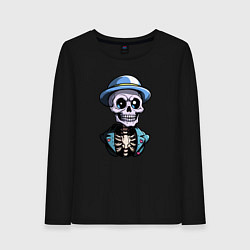 Лонгслив хлопковый женский Скелет в синей шляпе, цвет: черный
