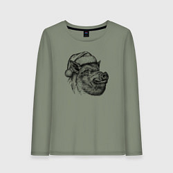 Лонгслив хлопковый женский Кабан новогодний, цвет: авокадо