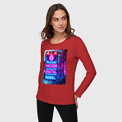 Лонгслив хлопковый женский Ai hacker digital rebel - neon glow, цвет: красный — фото 2