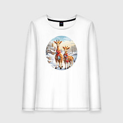 Лонгслив хлопковый женский Жирафы зимой, цвет: белый