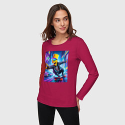 Лонгслив хлопковый женский Барт Симпсон на скейтборде - нейросеть, цвет: маджента — фото 2