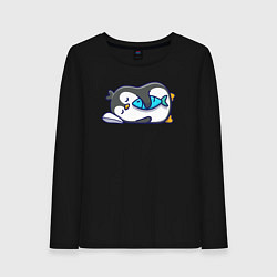 Лонгслив хлопковый женский Спящий пингвин с рыбкой, цвет: черный