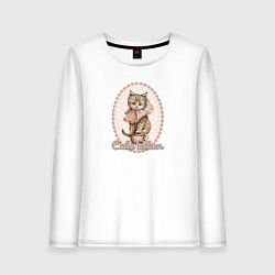 Лонгслив хлопковый женский Милый котенок в винтажном стиле, цвет: белый