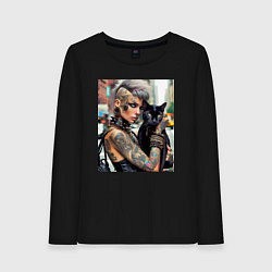 Лонгслив хлопковый женский Девчонка панк в татухах с чёрным котом - нейросеть, цвет: черный