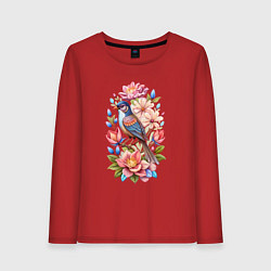 Лонгслив хлопковый женский Птица Калипта Анны среди цветов, цвет: красный