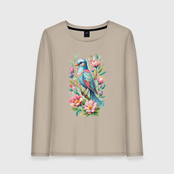 Лонгслив хлопковый женский Красивая голубая птица среди цветов, цвет: миндальный