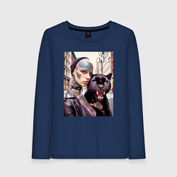 Лонгслив хлопковый женский Punk girl under the protection of a panther - New, цвет: тёмно-синий