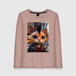 Лонгслив хлопковый женский Глазастый котёнок панк из Нью-Йорка - нейросеть, цвет: пыльно-розовый