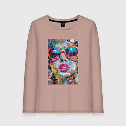 Лонгслив хлопковый женский Лицо девушки из обрезков газет, цвет: пыльно-розовый