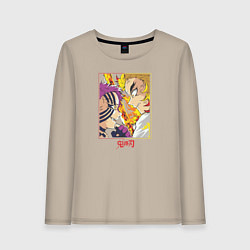Лонгслив хлопковый женский Клинок рассекающий демонов битва Ренгоку и Акадза, цвет: миндальный