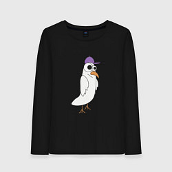 Лонгслив хлопковый женский Странный птиц птица голубь в кепке чайка на стиле, цвет: черный
