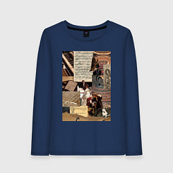 Лонгслив хлопковый женский Музыка коллаж ноты, цвет: тёмно-синий