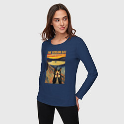 Лонгслив хлопковый женский The scream cat art, цвет: тёмно-синий — фото 2