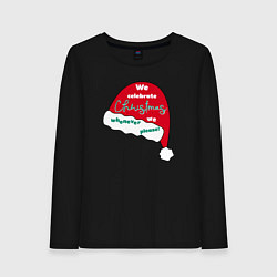Лонгслив хлопковый женский Шапка Санта Клауса - мы празднуем Рождество когда, цвет: черный
