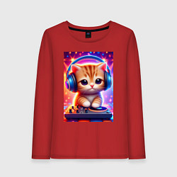 Лонгслив хлопковый женский Cutie kitten DJ - neon glow, цвет: красный