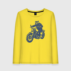 Лонгслив хлопковый женский Енот байкер на мотоцикле на чоппере, цвет: желтый