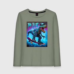 Лонгслив хлопковый женский Dude tyrannosaur on a skateboard - ai art, цвет: авокадо