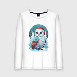 Лонгслив хлопковый женский Полярная сова на фоне зимнего леса, цвет: белый
