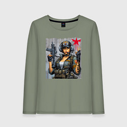 Лонгслив хлопковый женский Cool military girl - graffiti, цвет: авокадо