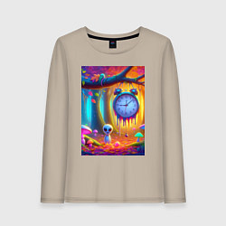 Лонгслив хлопковый женский Психоделический осенний фрагмент с будильником, цвет: миндальный