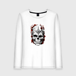 Лонгслив хлопковый женский Череп с красными цветами, цвет: белый
