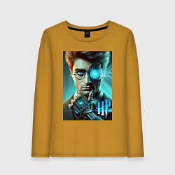 Лонгслив хлопковый женский Cyber Harry Potter - ai art neon fantasy, цвет: горчичный