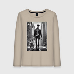 Лонгслив хлопковый женский Чувак с бультерьером - Нью-Йорк, цвет: миндальный