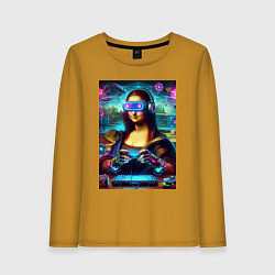 Лонгслив хлопковый женский Mona Lisa is an avid gamer - cyberpunk, цвет: горчичный